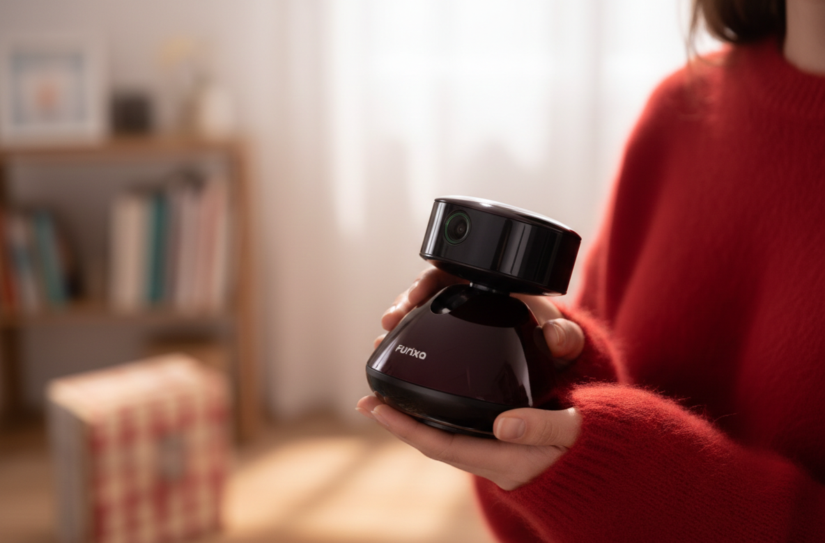 Furixa Vision Pro Smart Pet Camera in Deep Cabernet Gloss with AI Motion Tracking.